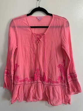 Lilly Pulitzer Bell Sleeve Tie Neck Tunic/Blouse, Coral, Size Small